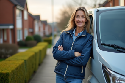 Femme souriante près d'une voiture utilitaire dans un quartier résidentiel