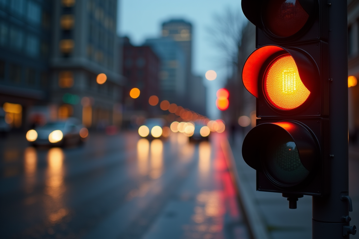 Feu de circulation orange clignotant au crépuscule en ville