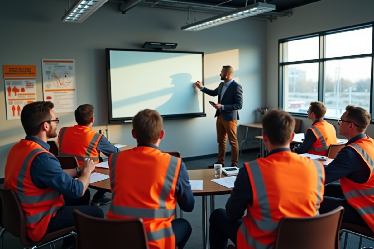 Groupe de conducteurs en formation dans une salle avec tableau blanc et posters de sécurité