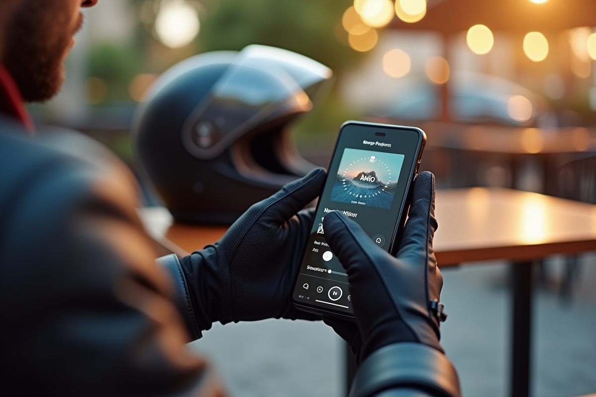 Gants de moto tenant un smartphone avec musique en extérieur