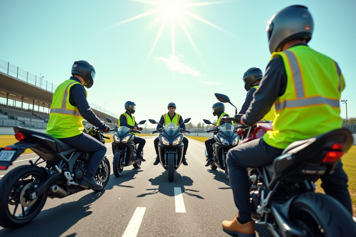 Groupe d'élèves en sécurité moto lors d'une formation en circuit