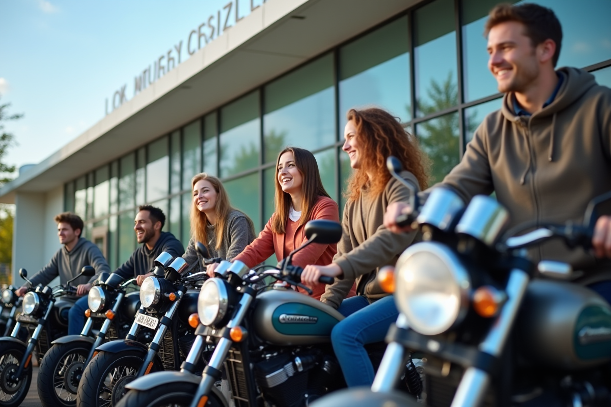 Groupe de jeunes avec motos devant une agence d
