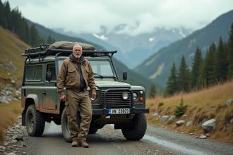 Homme robuste en extérieur avec 4x4 en montagne