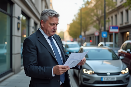 Homme d'affaires préoccupé vérifiant une facture de fourrière en ville