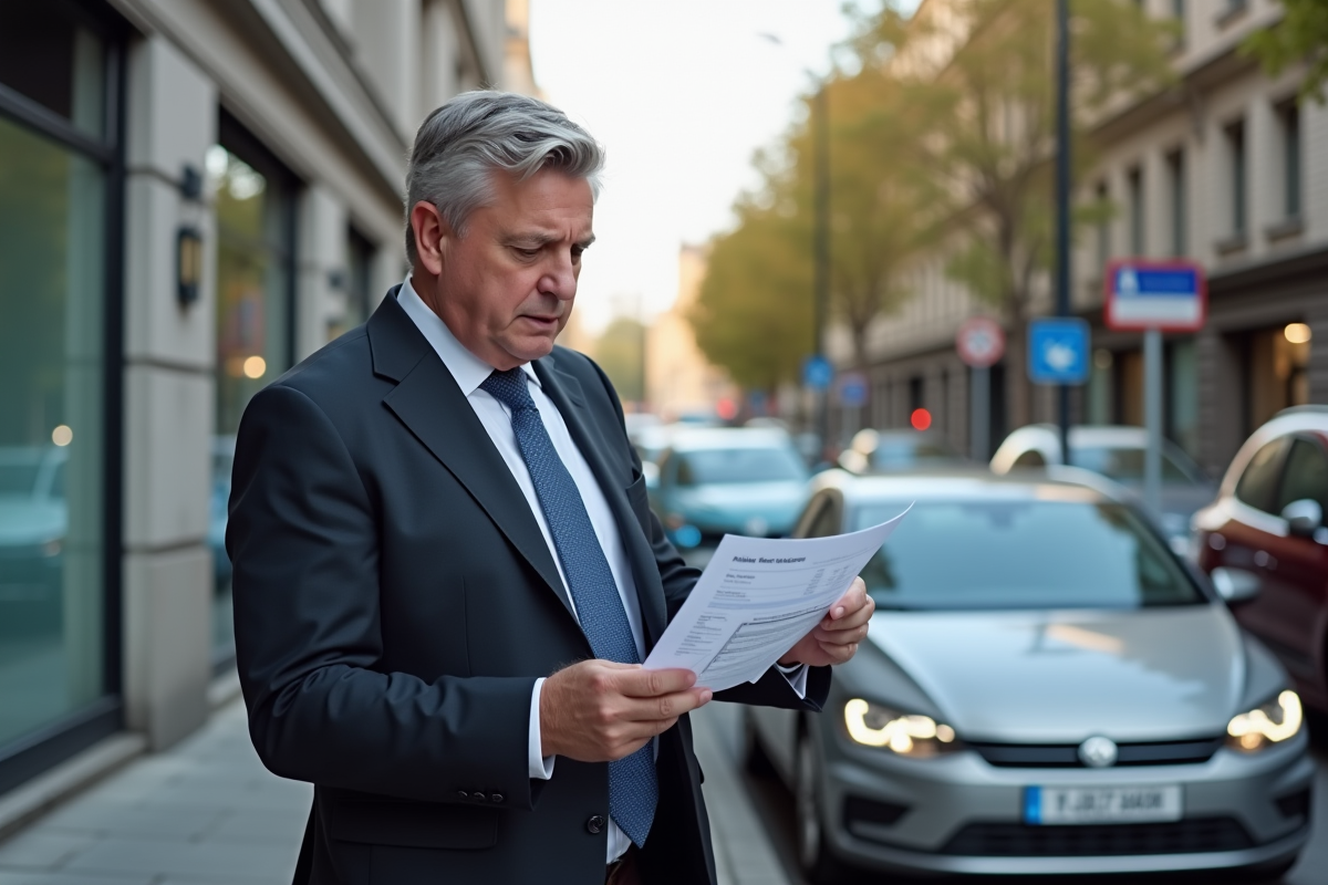 Homme d'affaires préoccupé vérifiant une facture de fourrière en ville
