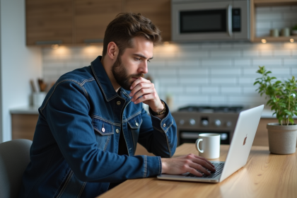 Homme concentré travaillant sur son ordinateur dans la cuisine