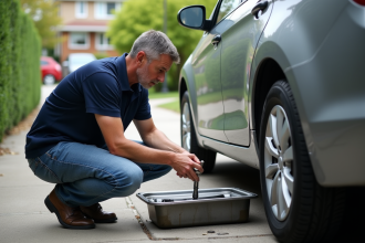 Homme moyenâgeux changeant l'huile de sa voiture dans une allée