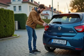 Jeune homme posant sa plaque d'immatriculation sur sa voiture
