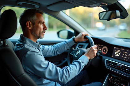 Homme d'âge moyen dans une voiture examine le tableau de bord