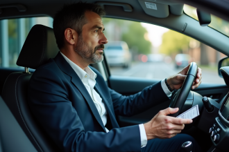 Homme d'âge moyen avec permis de conduire dans la voiture
