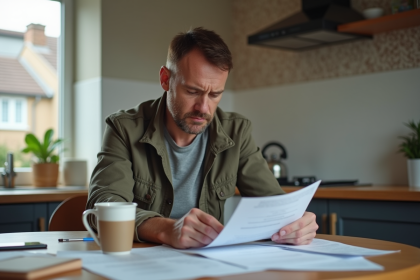 Homme d'âge moyen vérifiant documents d'assurance voiture