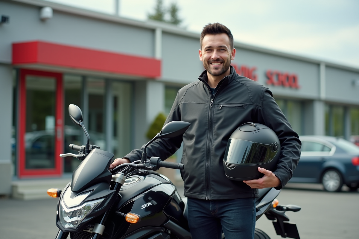 Homme avec casque et permis voiture devant moto moderne