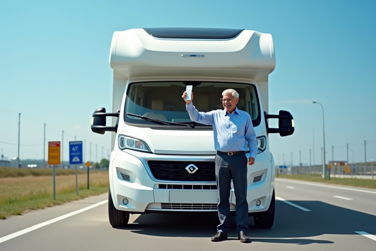 Homme mature avec permis devant un camping-car blanc en plein soleil