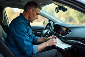 Homme moyen âge changeant un filtre de cabine dans une voiture moderne