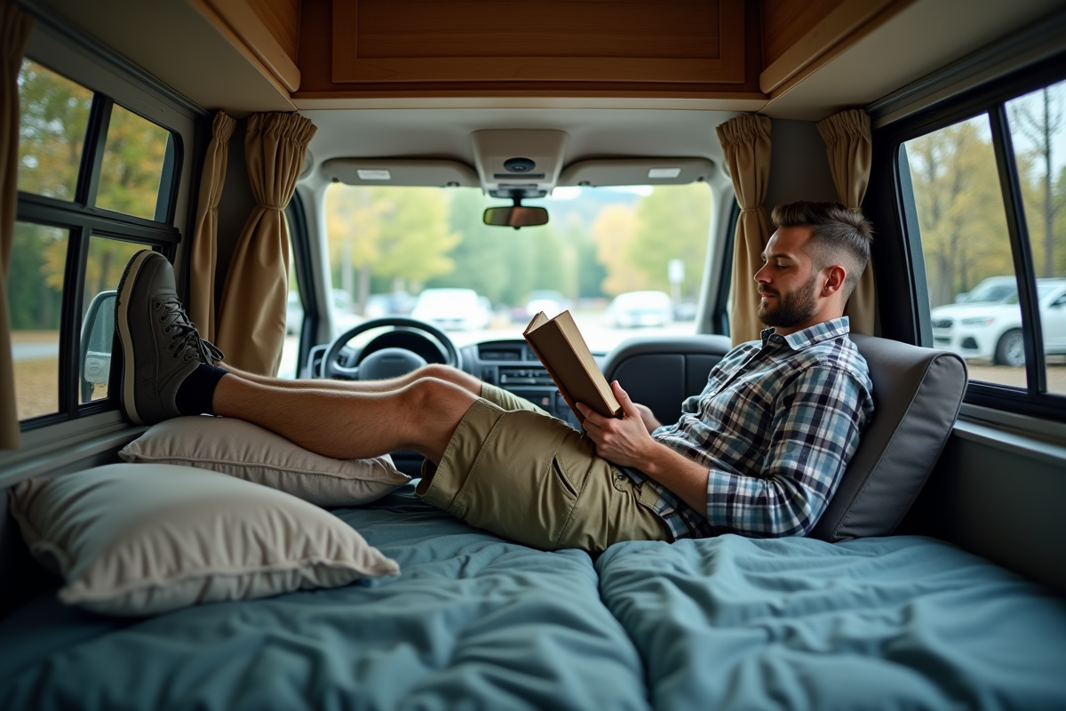 Homme relaxant dans un van en ville avec vue sur la nature