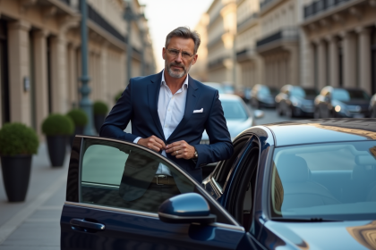 Homme en costume sortant d'une voiture de luxe en ville