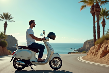 Homme espagnol avec casque à côté d'un scooter en bord de mer