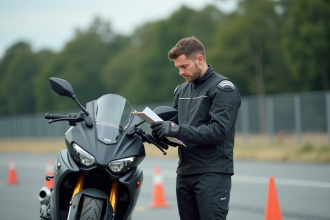 Homme en moto vérifiant une checklist en extérieur