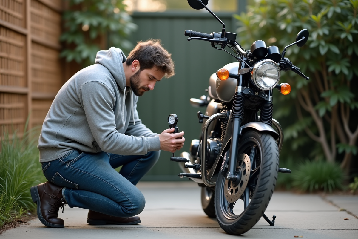 Homme vérifiant la pression des pneus d'une moto 125cc