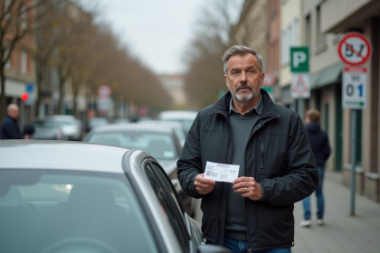 Homme d'âge moyen avec contravention devant sa voiture