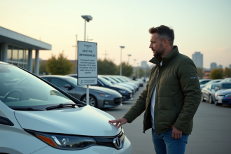 Homme intéressé examinant une voiture électrique en concession