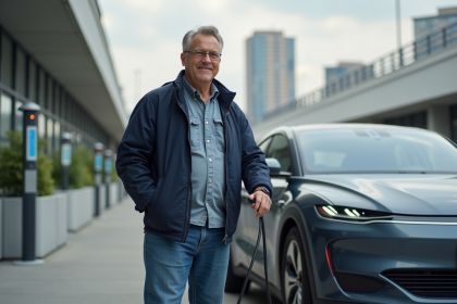 Homme souriant &agrave; c&ocirc;t&eacute; d'une voiture &eacute;lectrique en ville