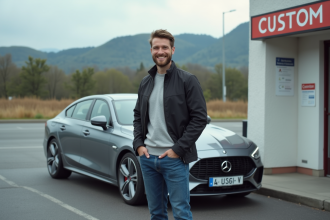 Homme souriant près d'une voiture suisse à la frontière