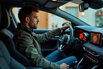 Homme dans sa voiture vérifiant l'alerte de pression des pneus