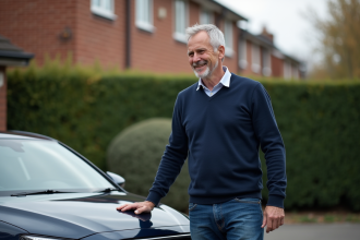 Homme d'âge moyen près d'une voiture moderne en extérieur