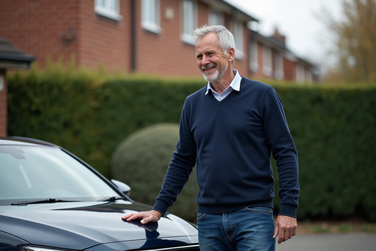 Homme d'âge moyen près d'une voiture moderne en extérieur