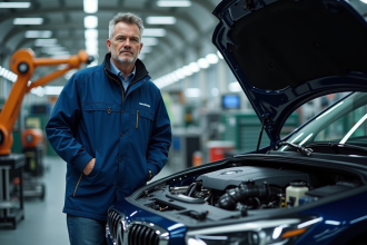 Ingénieur homme à côté d'une voiture diesel en usine