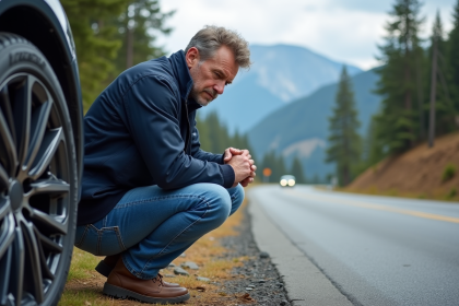 Ingénieur automobile inspectant un pneu haut de gamme en montagne
