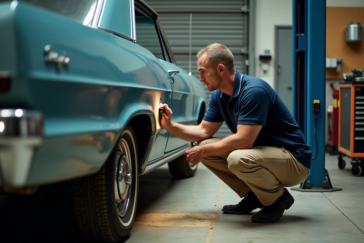 Inspecteur automobile examinant une Chevrolet Impala classique dans un garage professionnel avant importation