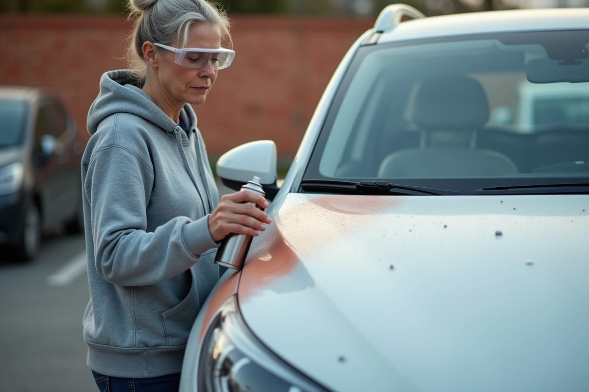 Femme inspectant une réparation de carrosserie blanche après application d'une bombe de peinture automobile
