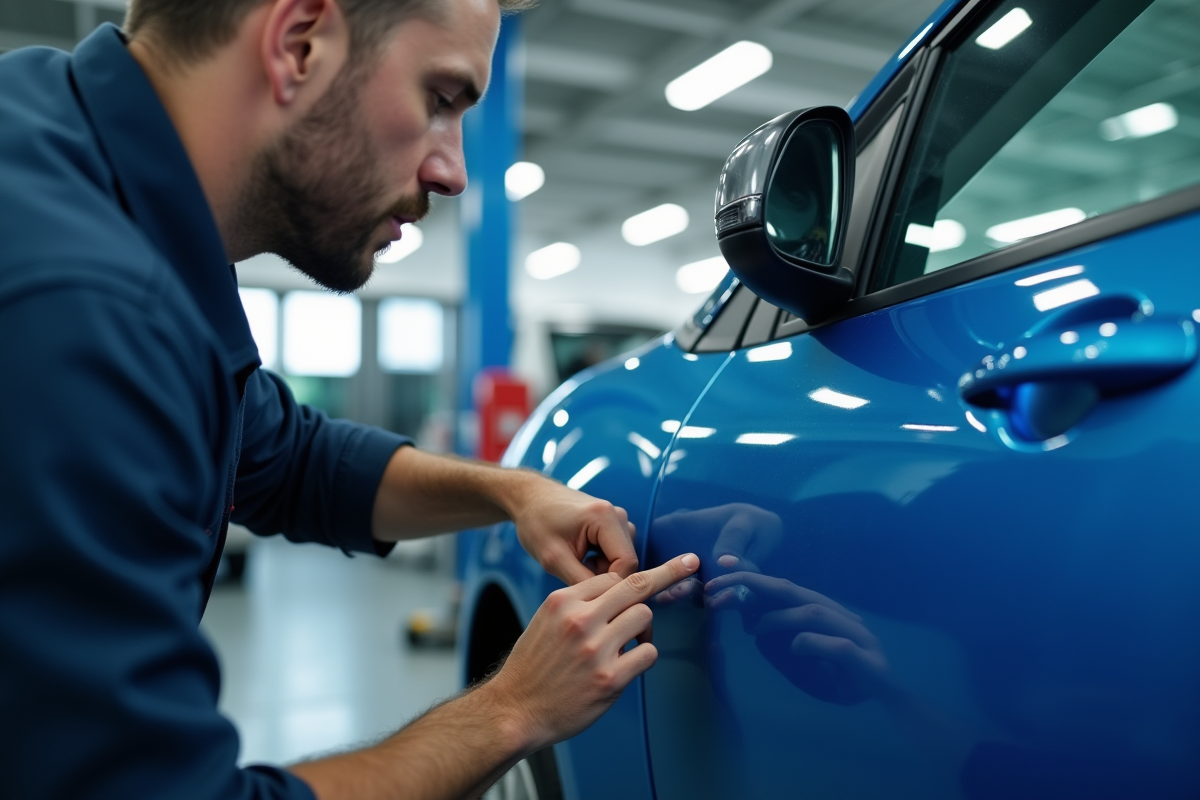 Mécanicien inspectant une petite bosse sur une voiture bleue