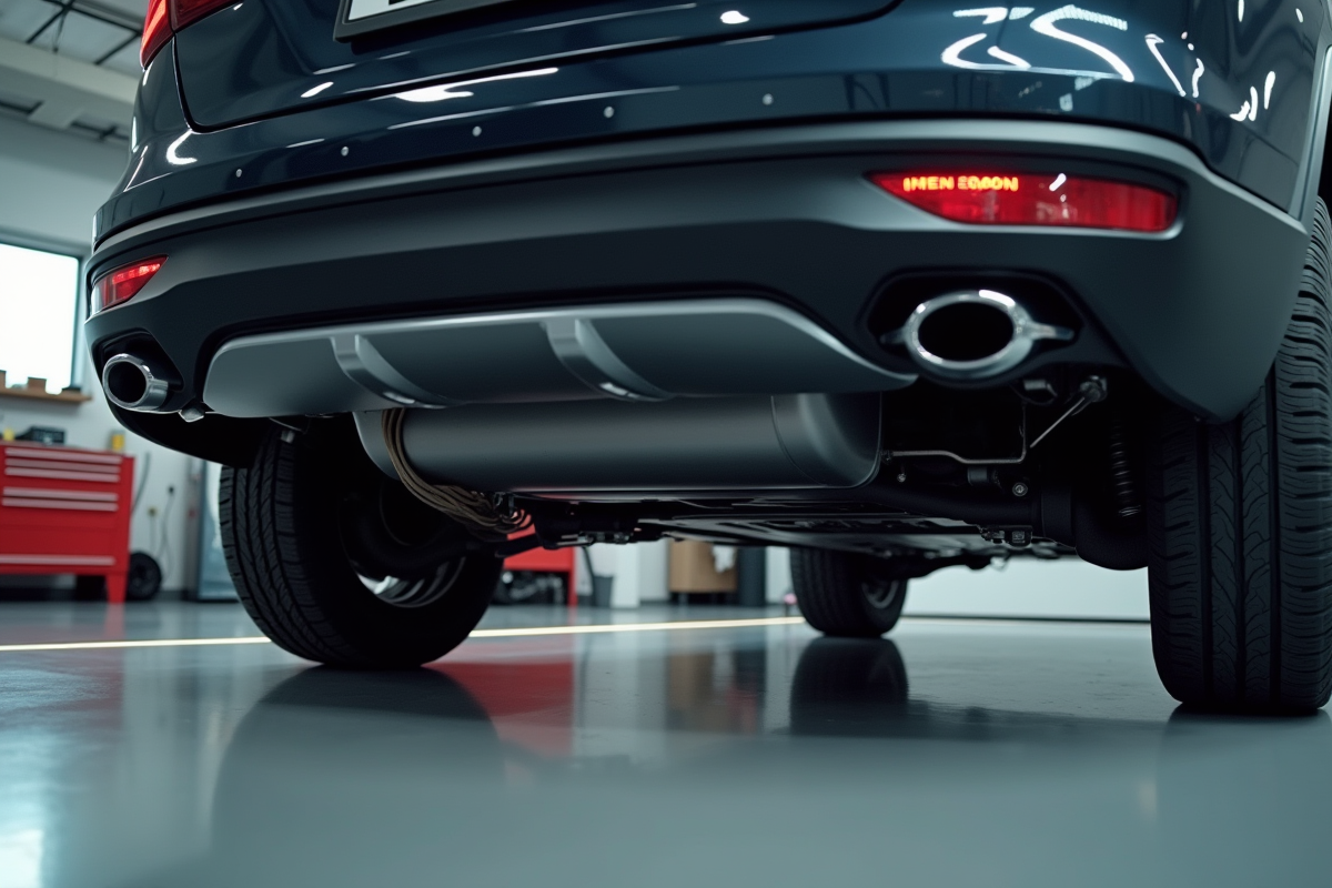 Mecanicien installant un faisceau de remorquage sous un SUV moderne dans un garage lumineux