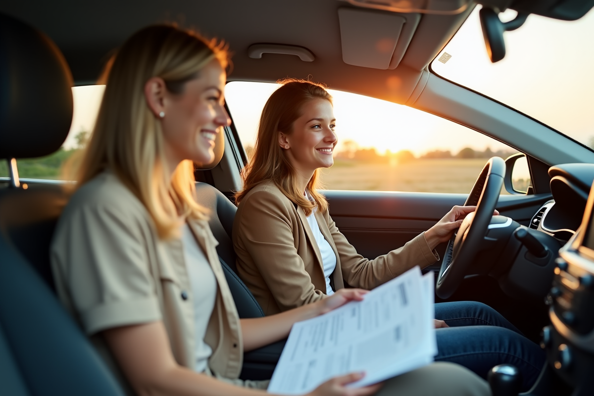 Jeune conducteur souriant avec instructeur dans une voiture moderne