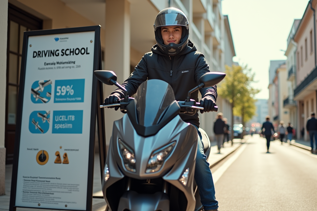 Jeune adulte sur un scooter Yamaha Tmax avec casque en ville
