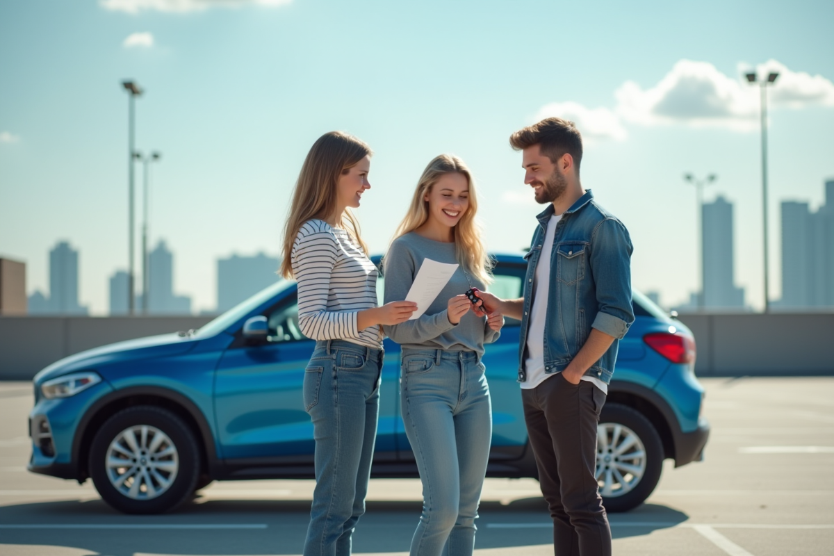 Jeune couple souriant avec voiture compacte bleue en parking