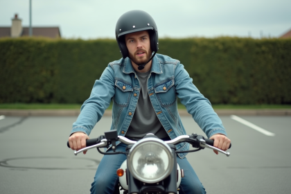 Jeune homme en denim sur une moto Dax 50 en parking urbain