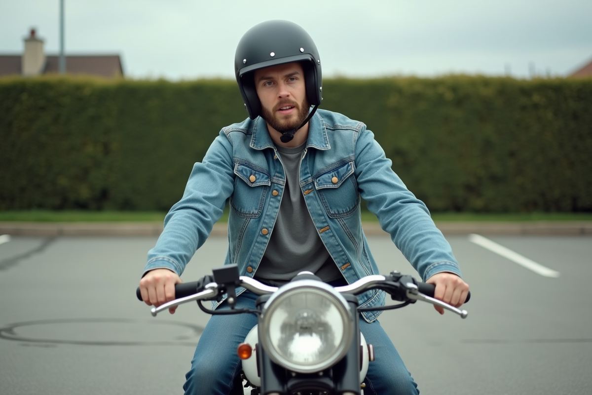 Jeune homme en denim sur une moto Dax 50 en parking urbain