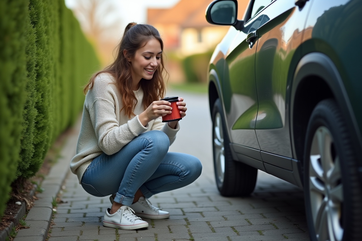 Jeune femme changeant un filtre à huile devant sa voiture
