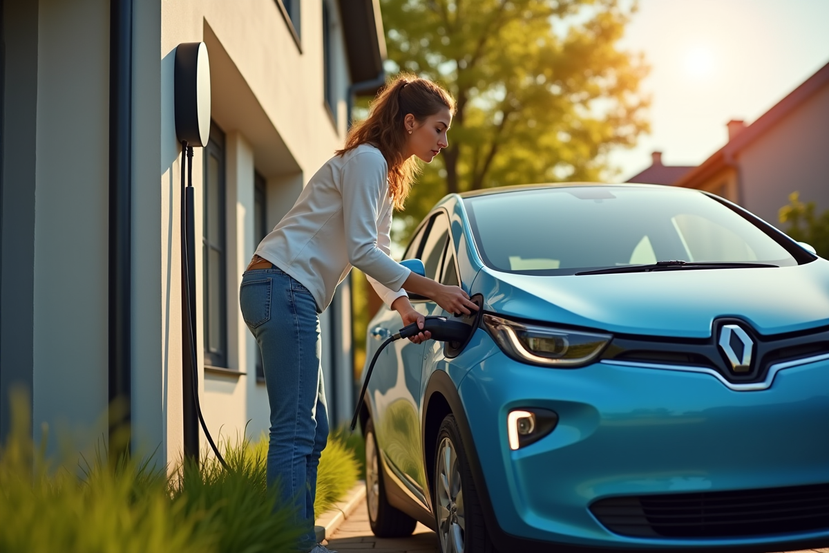 Jeune femme branchant une voiture électrique compacte à une borne moderne