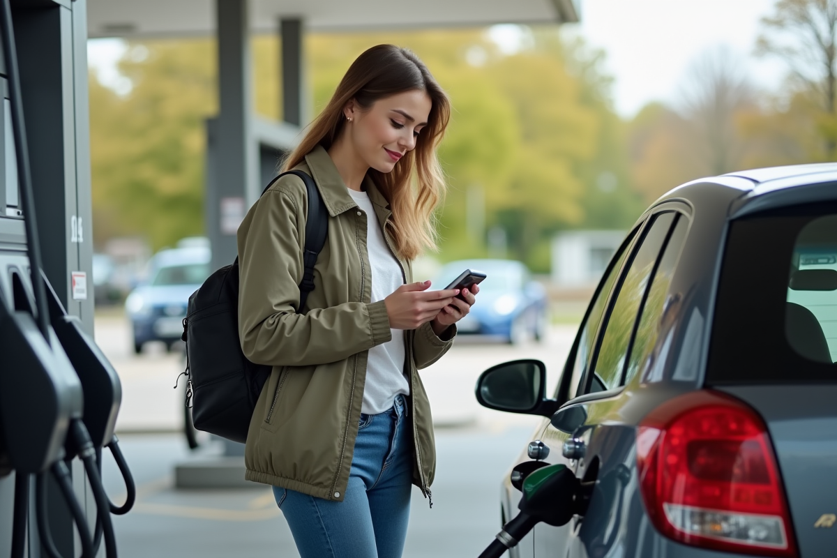 Jeune femme refuelant sa voiture à la station essence