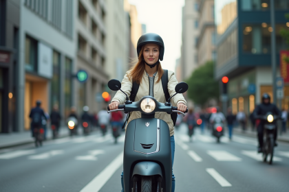 Jeune femme en scooter dans la ville moderne