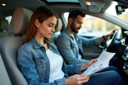 Jeune femme dans une voiture examine un document d'assurance