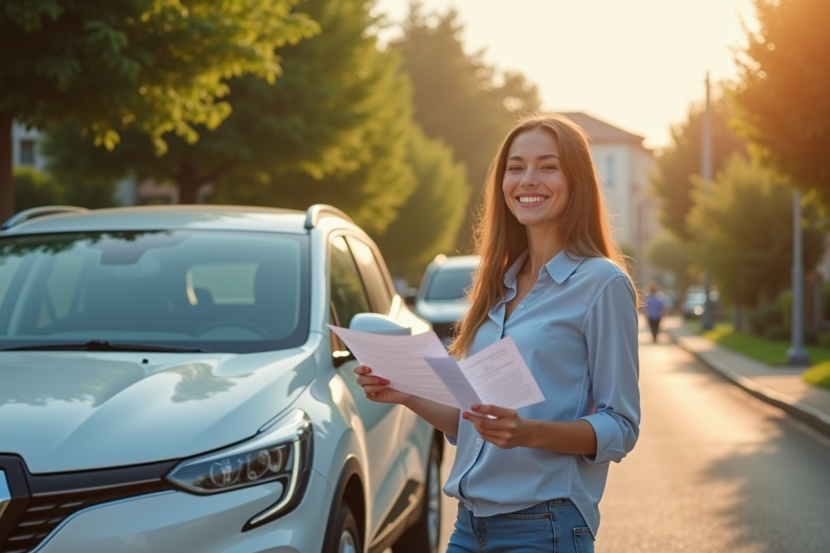 Jeune femme avec voiture moderne en banlieue ensoleillee