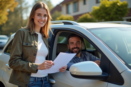 Jeune femme avec documents d'assurance et voiture en extérieur
