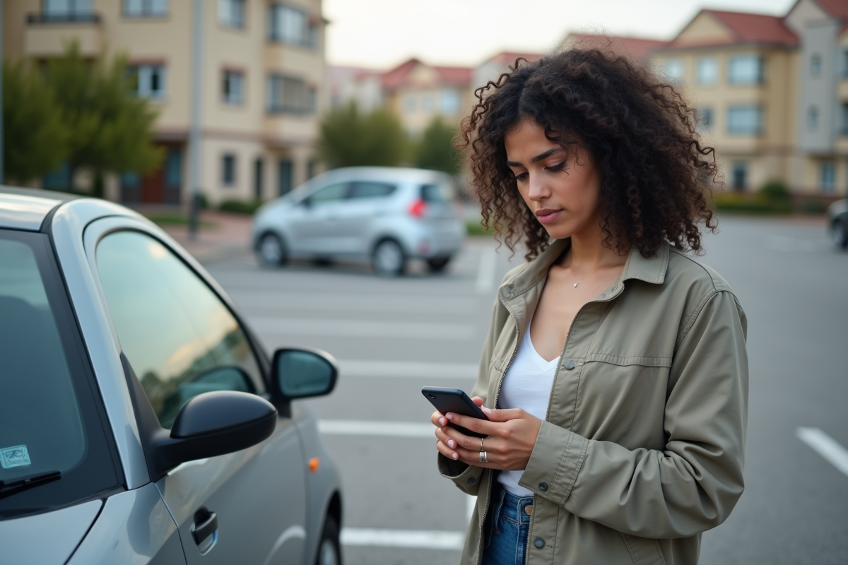 Jeune femme regardant sa voiture dans un parking urbain