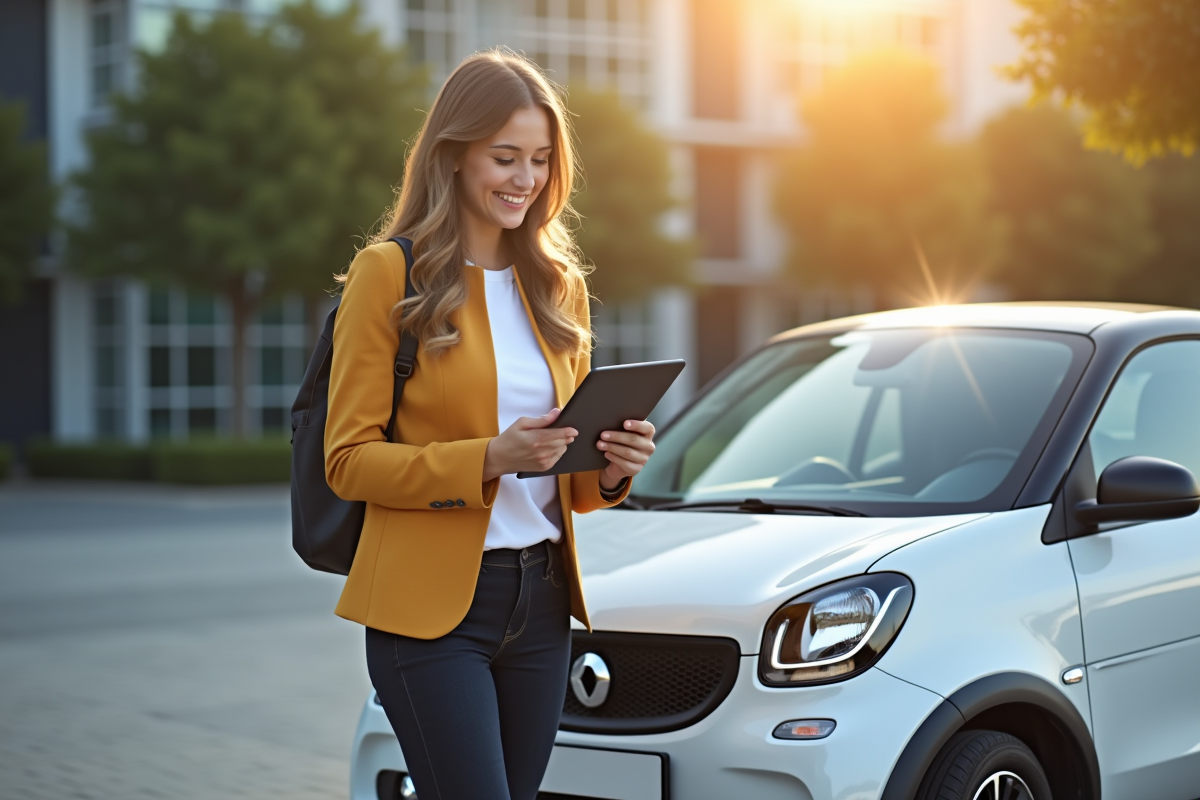 Jeune femme souriante avec microcar en ville pour assurance